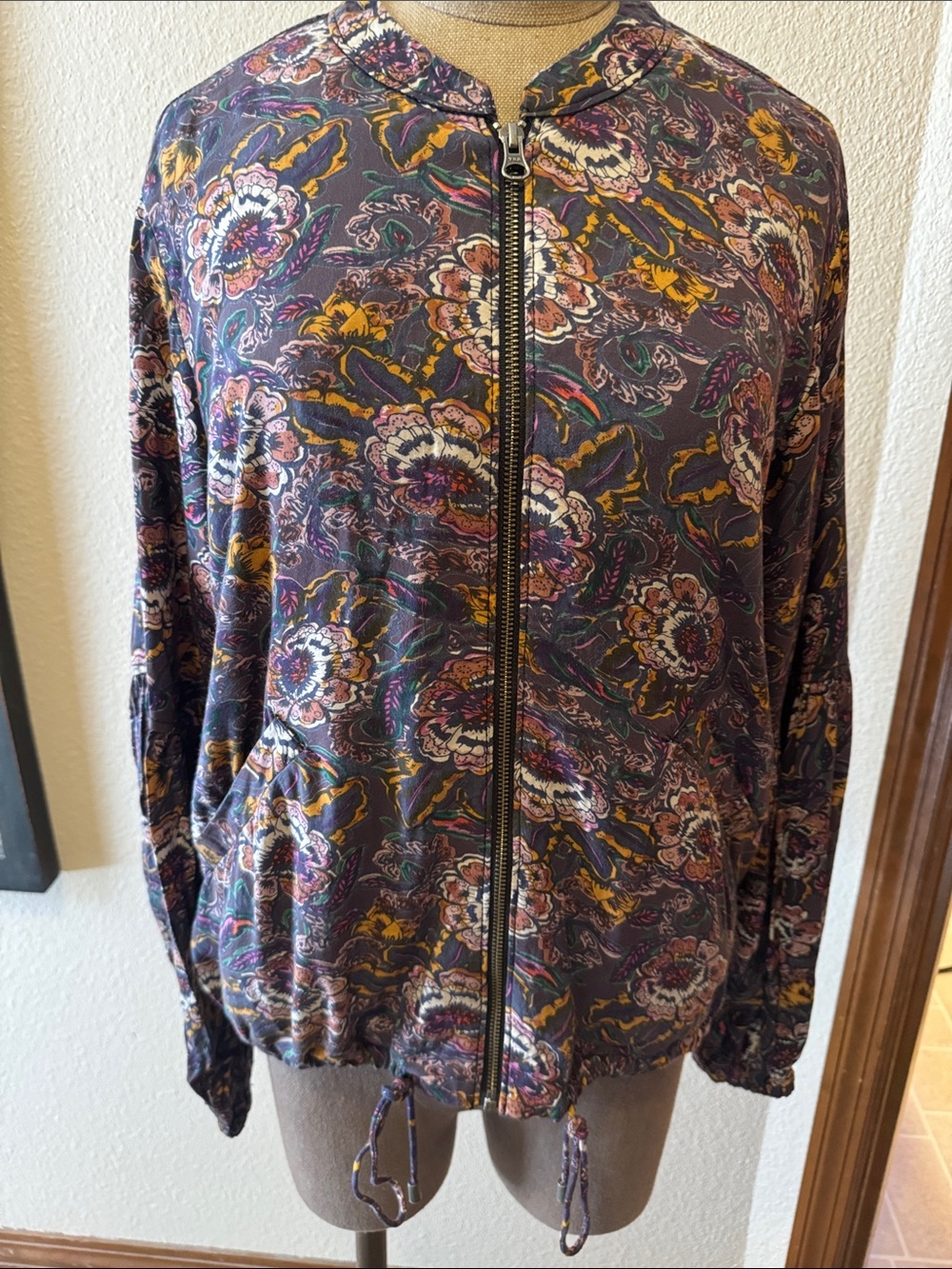 Free People Floral Print Bomber Jacket in Purple, Gold & Pink